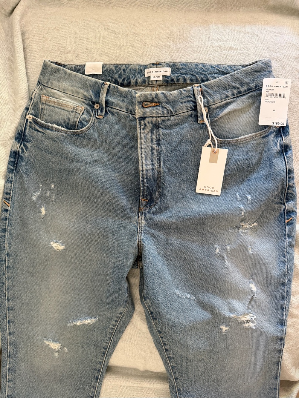 Good American Good Classic Skinny Jeans Womens 12 31 Light Wash Distressed NWT - Picture 2 of 9